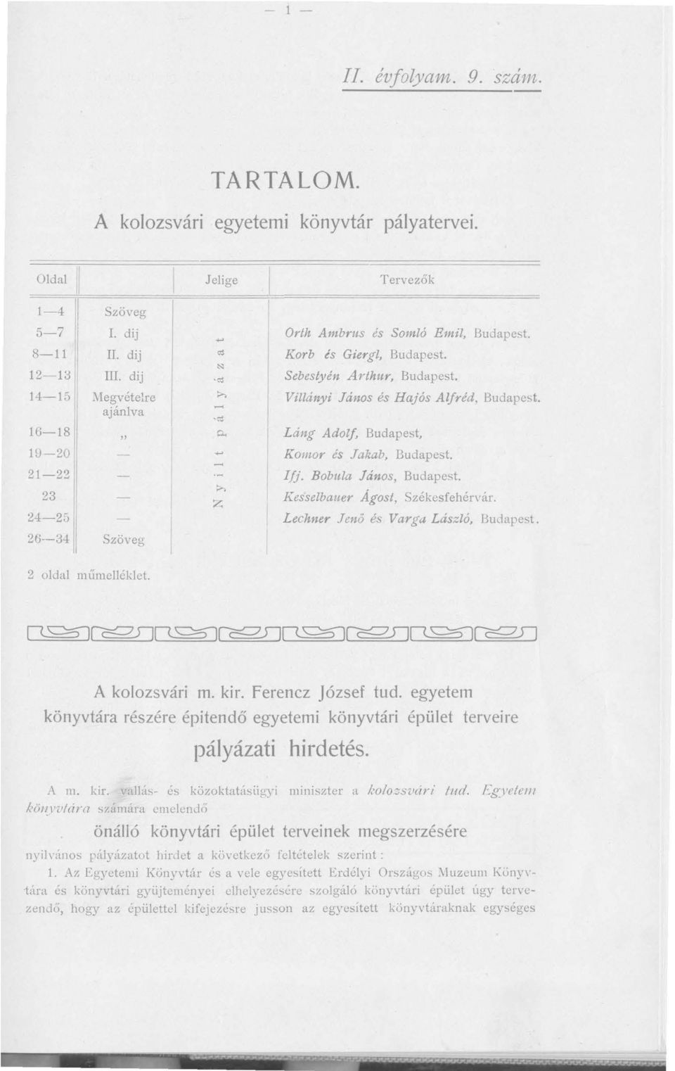 Budapest. P. Láng Adolf, Budapest, Komor és Jakab, Budapest. Ifj. BobI/la János, Budapest. z Kesselballer Ágost, Székesfehérvár. Lechner Jenő és Varga László, Budapest. 2 oldal műmcjléklct.