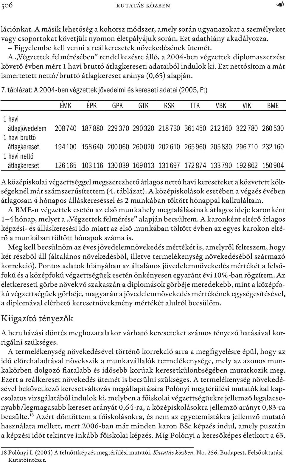 A Végzettek felmérésében rendelkezésre álló, a 2004-ben végzettek diplomaszerzést követő évben mért 1 havi bruttó átlagkereseti adataiból indulok ki.