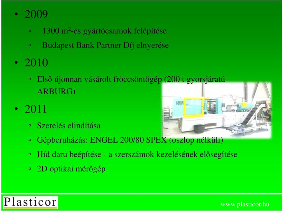 ARBURG) 2011 Szerelés elindítása Gépberuházás: ENGEL 200/80 SPEX (oszlop