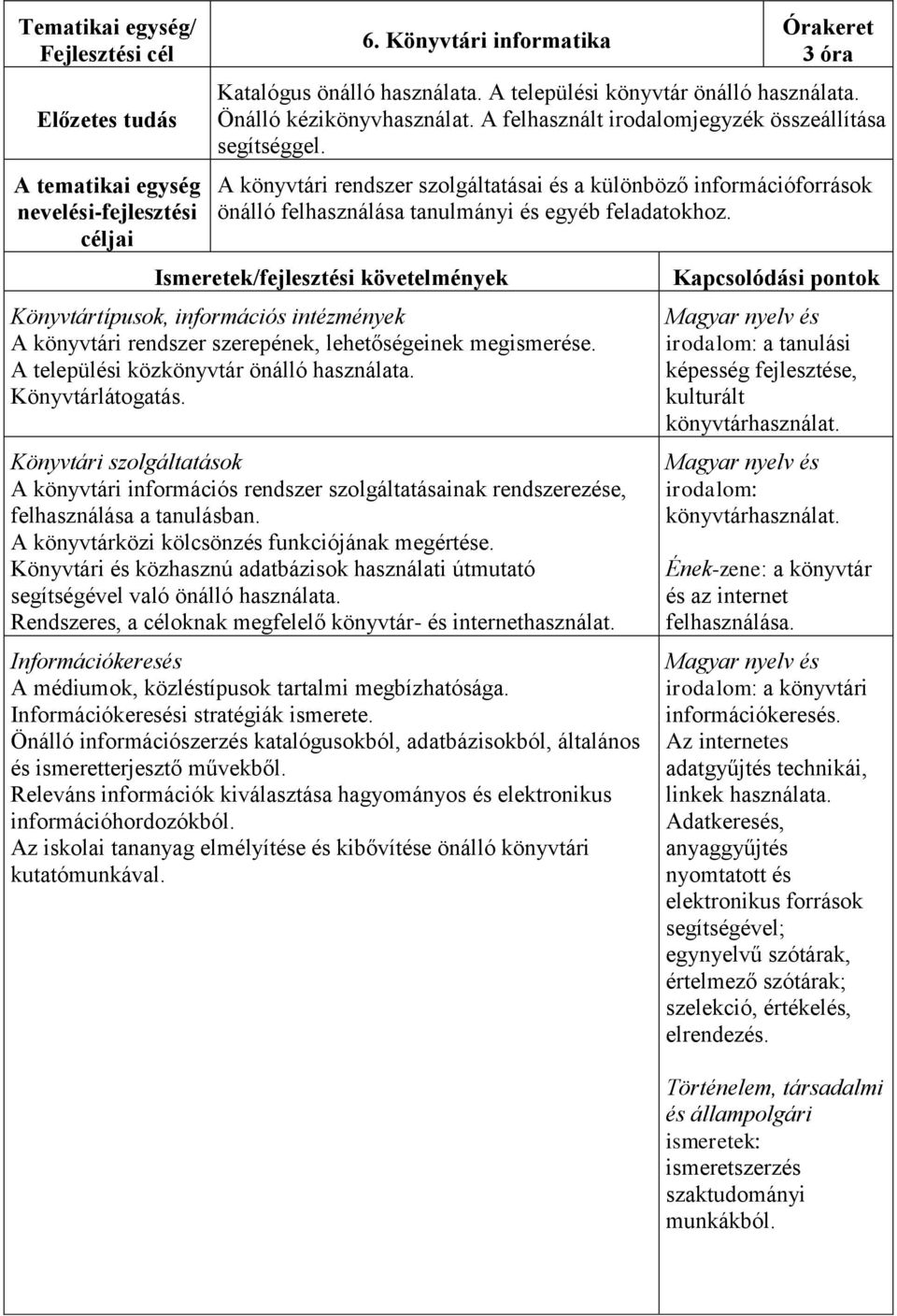 Ismeretek/fejlesztési követelmények Könyvtártípusok, információs intézmények A könyvtári rendszer szerepének, lehetőségeinek megismerése. A települési közkönyvtár önálló használata. Könyvtárlátogatás.