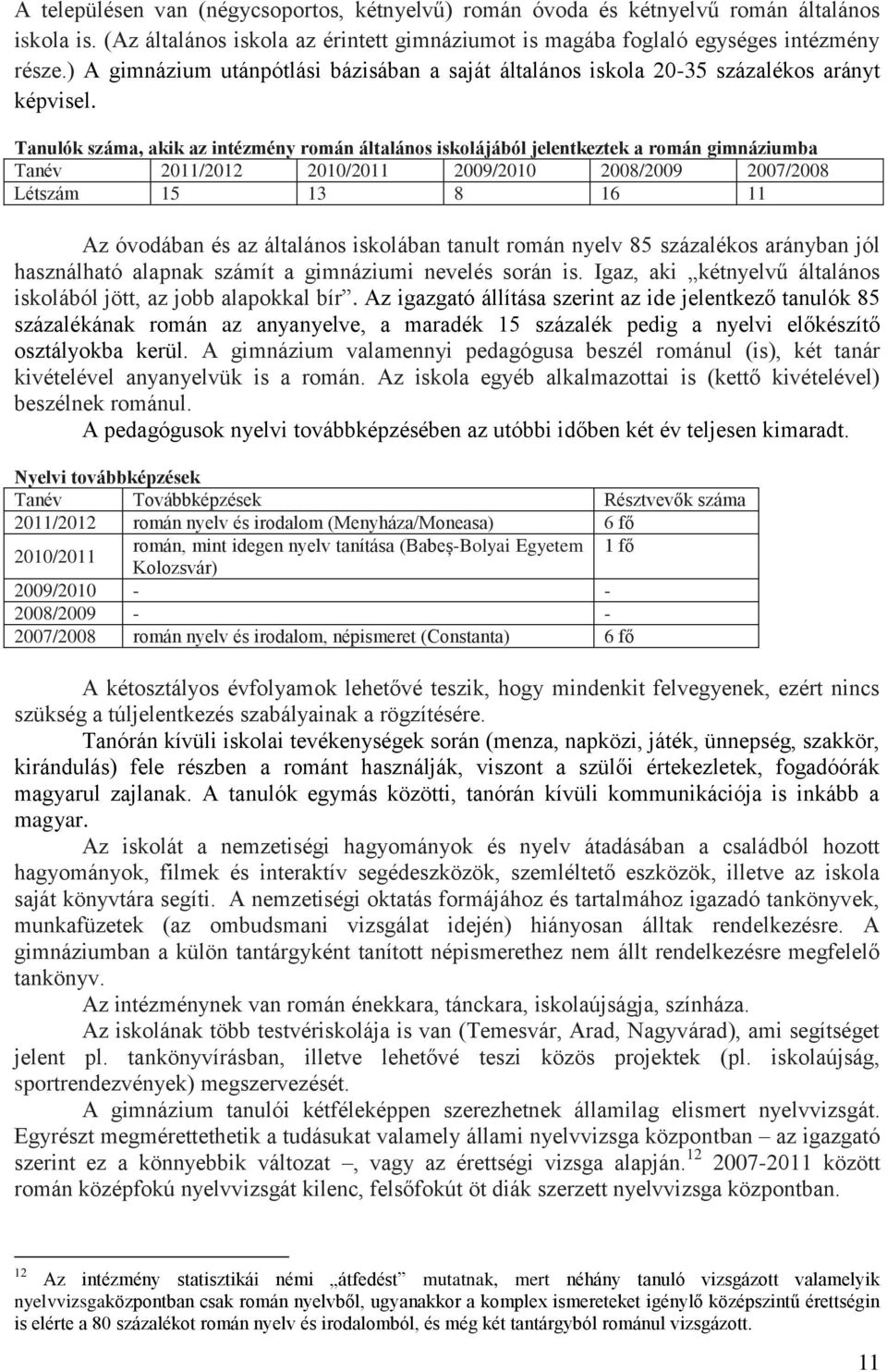 Tanulók száma, akik az intézmény román általános iskolájából jelentkeztek a román gimnáziumba Tanév 2011/2012 2010/2011 2009/2010 2008/2009 2007/2008 Létszám 15 13 8 16 11 Az óvodában és az általános
