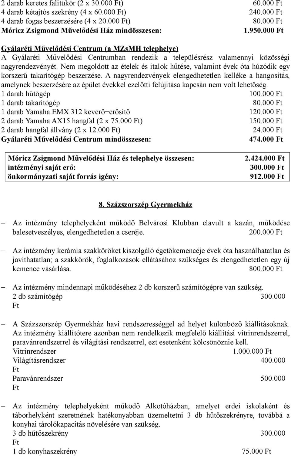 Nem megoldott az ételek és italok hűtése, valamint évek óta húzódik egy korszerű takarítógép beszerzése.