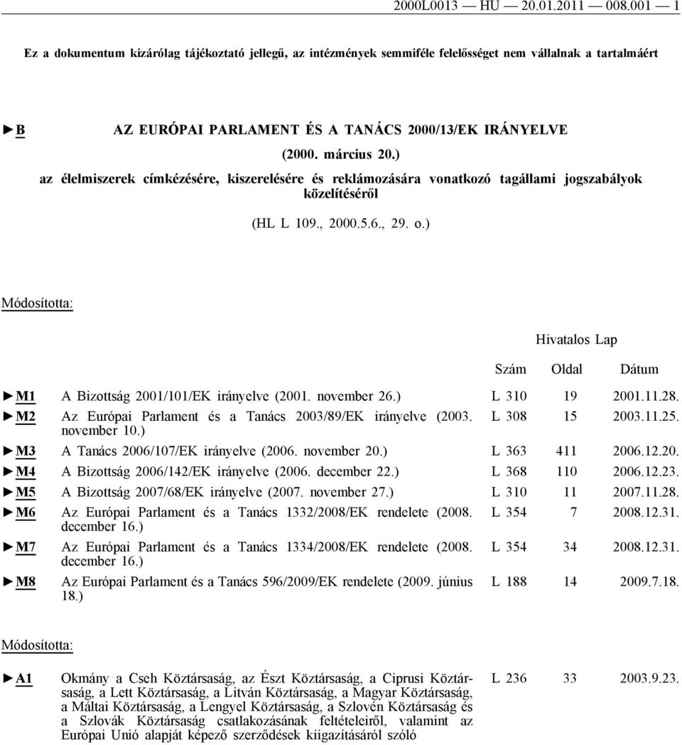 ) az élelmiszerek címkézésére, kiszerelésére és reklámozására vonatkozó tagállami jogszabályok közelítéséről (HL L 109., 2000.5.6., 29. o.