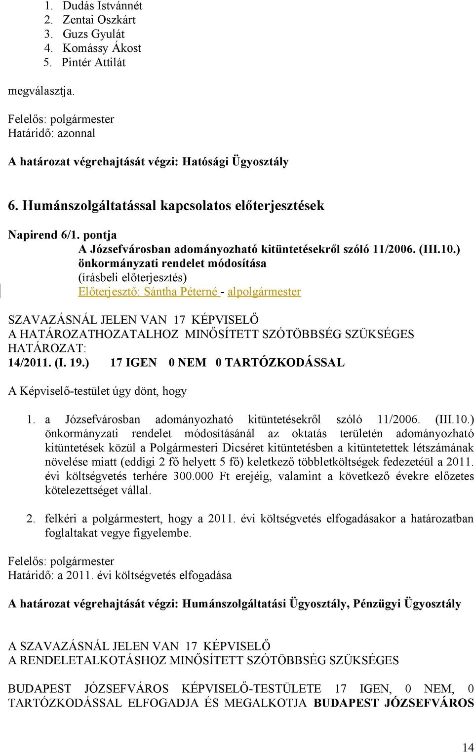 ) 17 IGEN 0 NEM 0 TARTÓZKODÁSSAL A Képviselő-testület úgy dönt, hogy 1. a Józsefvárosban adományozható kitüntetésekről szóló 11/2006. (III.10.