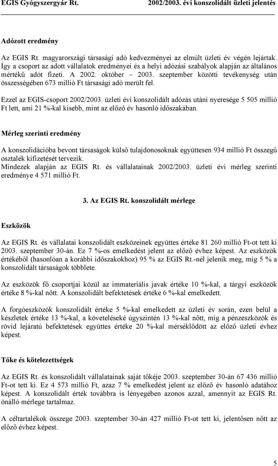 szeptember közötti tevékenység után összességében 673 millió Ft társasági adó merült fel. Ezzel az EGIS-csoport 2002/2003.
