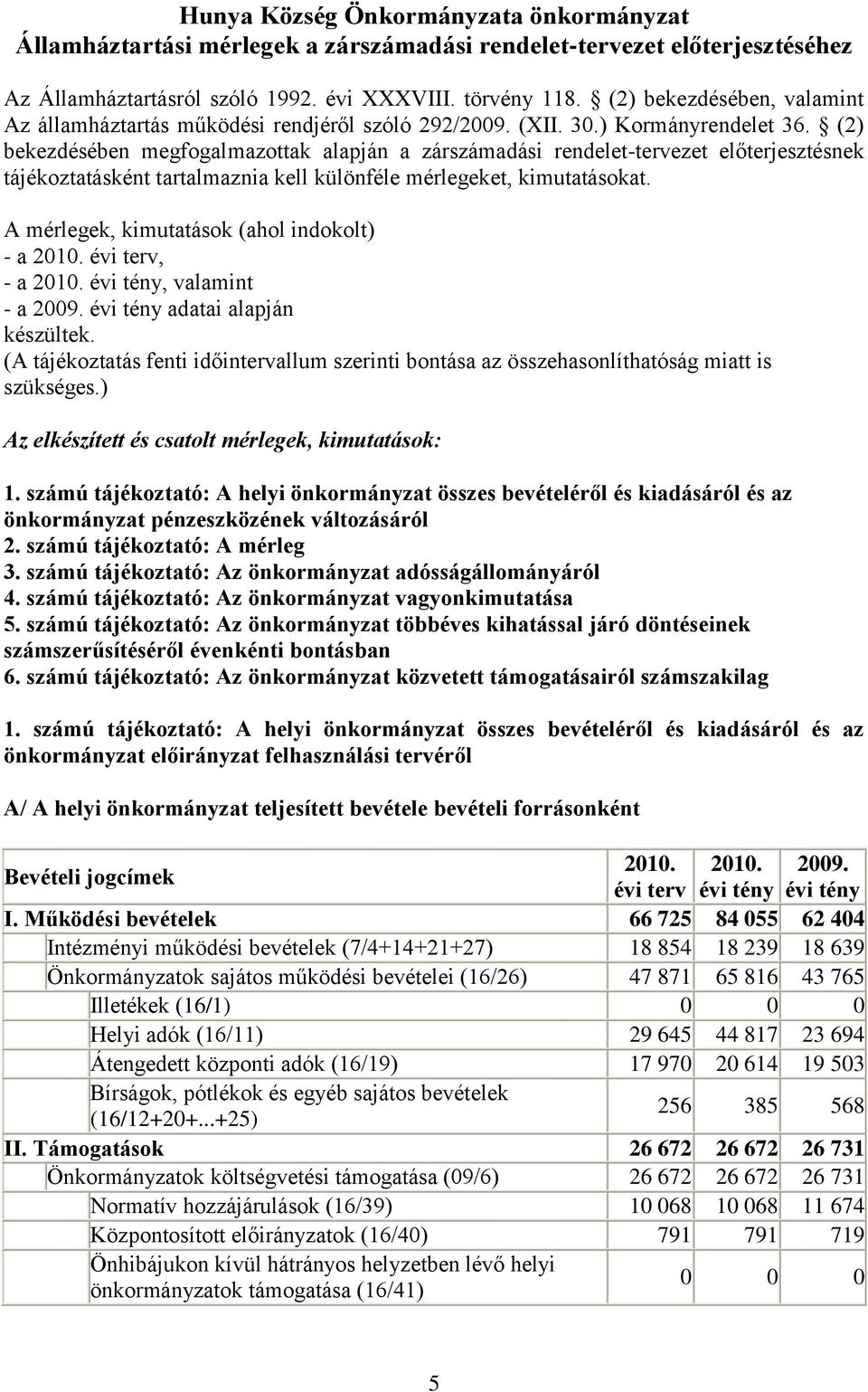 (2) bekezdésében megfogalmazottak alapján a zárszámadási rendelet-tervezet előterjesztésnek tájékoztatásként tartalmaznia kell különféle mérlegeket, kimutatásokat.