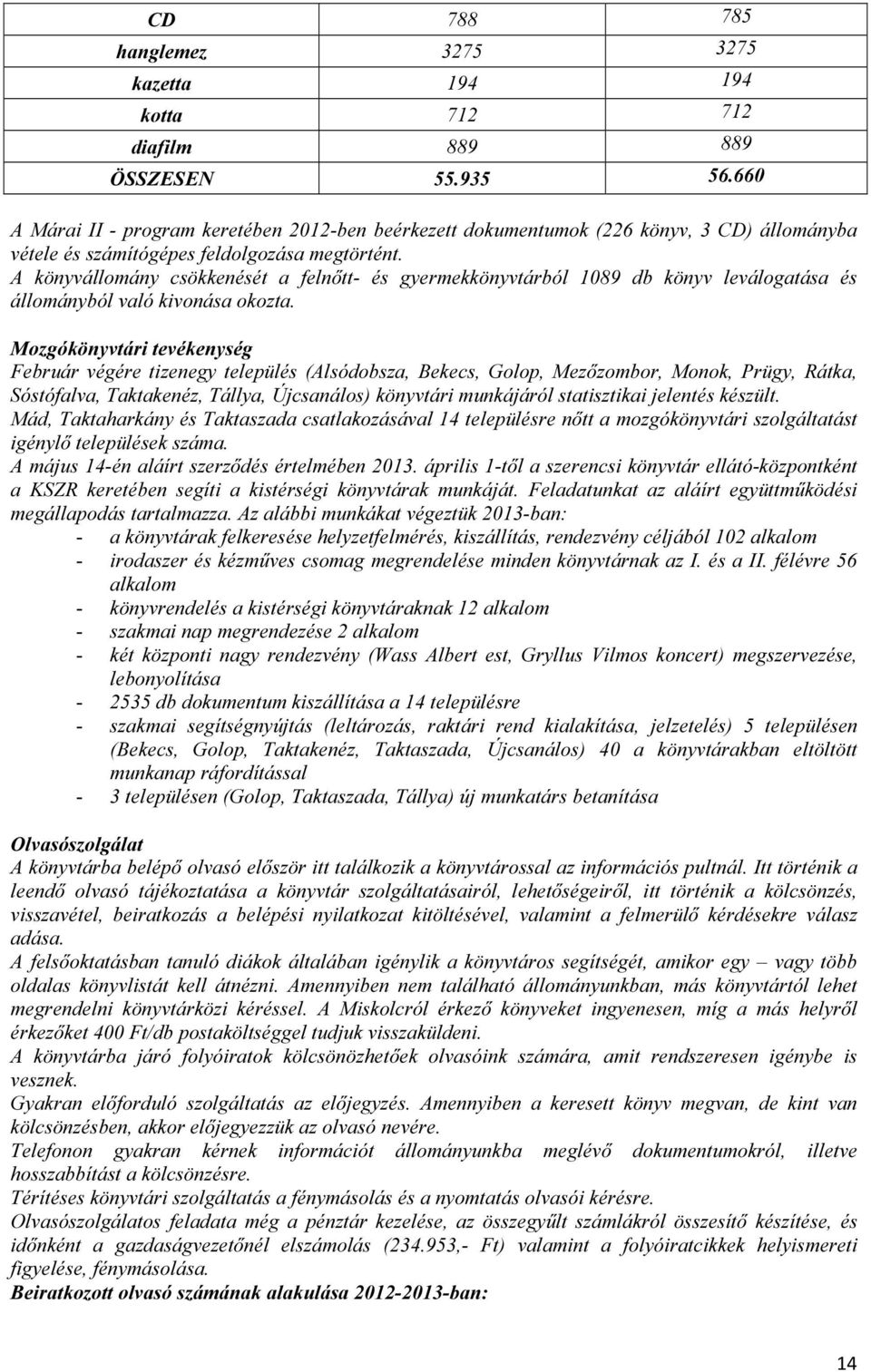 A könyvállomány csökkenését a felnőtt- és gyermekkönyvtárból 1089 db könyv leválogatása és állományból való kivonása okozta.