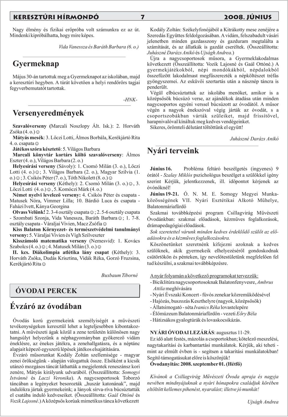 Versenyeredmények -HNK- Szavalóverseny ( Marcali Noszlopy Ált. Isk.): 2. Horváth Zsóka (4. o.) Mátyás mesék: 3. Lőczi Lotti, Álmos Borbála, Kerékjártó Rita 4. o. csapata Játékos szóra késztető: 5.