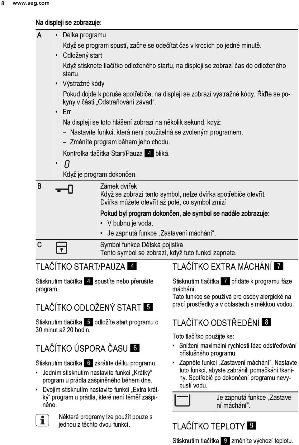 Řiďte se pokyny v části Odstraňování závad. Err Na displeji se toto hlášení zobrazí na několik sekund, když: Nastavíte funkci, která není použitelná se zvoleným programem.