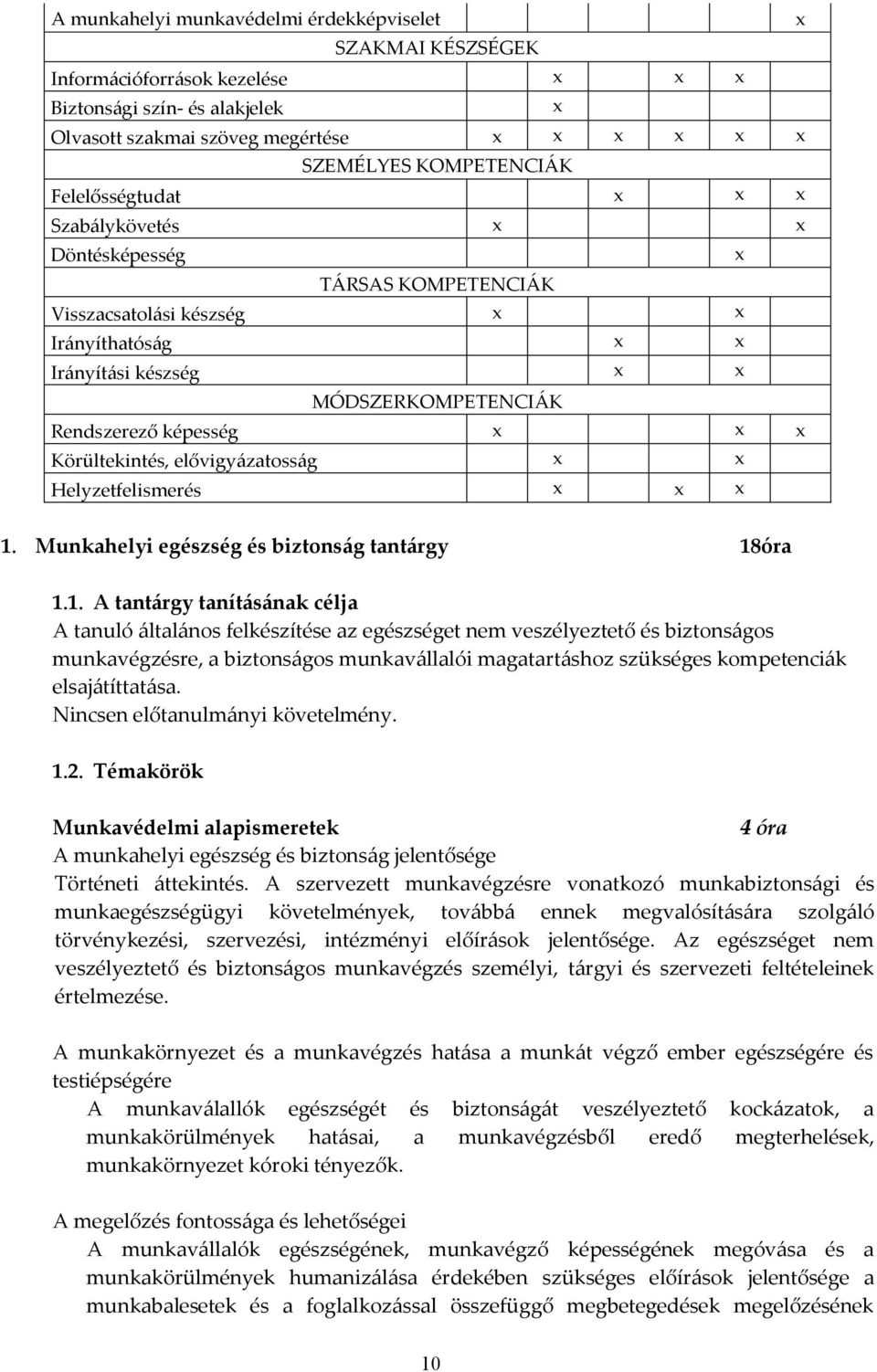 1. Munkahelyi egészség és biztonság tantárgy 18óra 1.1. A tantárgy tanításának célja A tanuló általános felkészítése az egészséget nem veszélyeztető és biztonságos munkavégzésre, a biztonságos