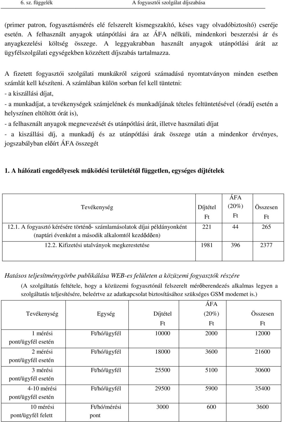 A leggyakrabban használt anyagok utánpótlási árát az ügyfélszolgálati egységekben közzétett díszabás tartalmazza.