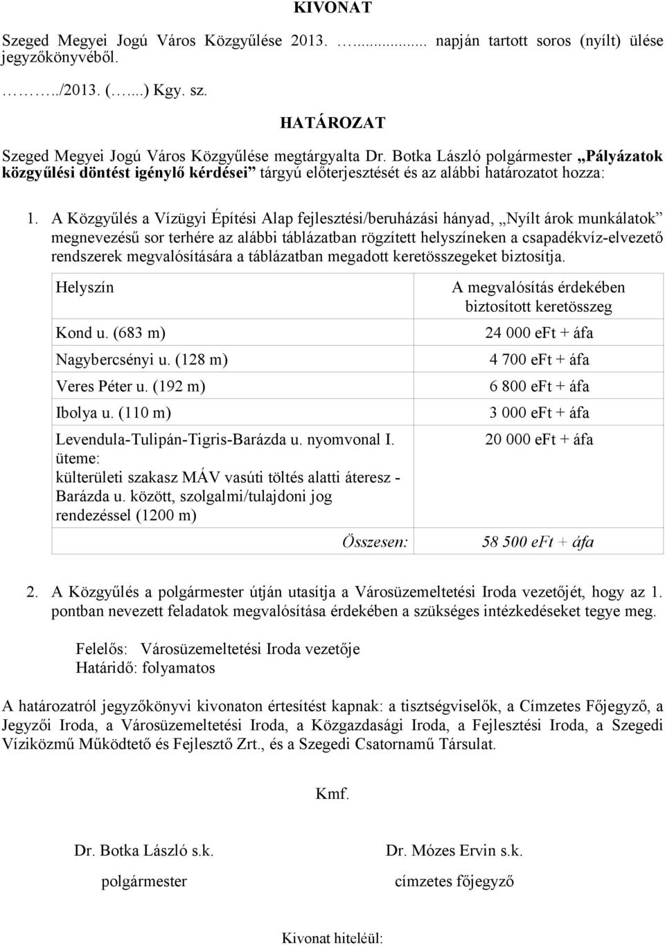 A Közgyűlés a Vízügyi Építési Alap fejlesztési/beruházási hányad, Nyílt árok munkálatok megnevezésű sor terhére az alábbi táblázatban rögzített helyszíneken a csapadékvíz-elvezető rendszerek