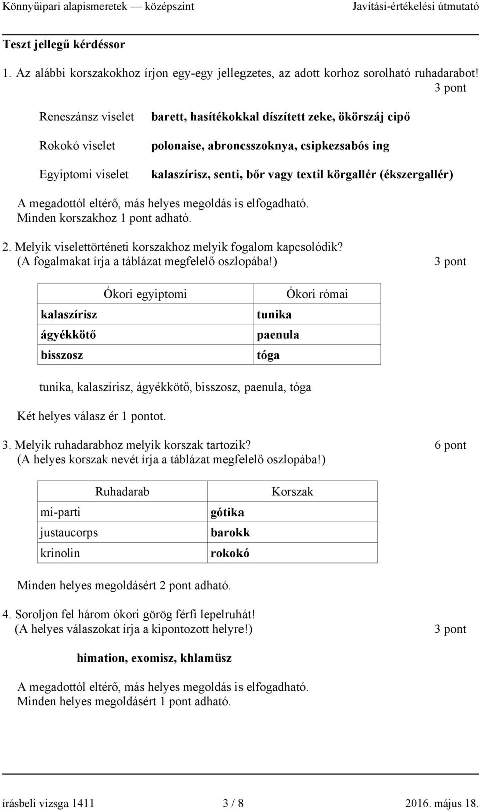 (ékszergallér) A megadottól eltérő, más helyes megoldás is elfogadható. Minden korszakhoz 1 pont adható. 2. Melyik viselettörténeti korszakhoz melyik fogalom kapcsolódik?