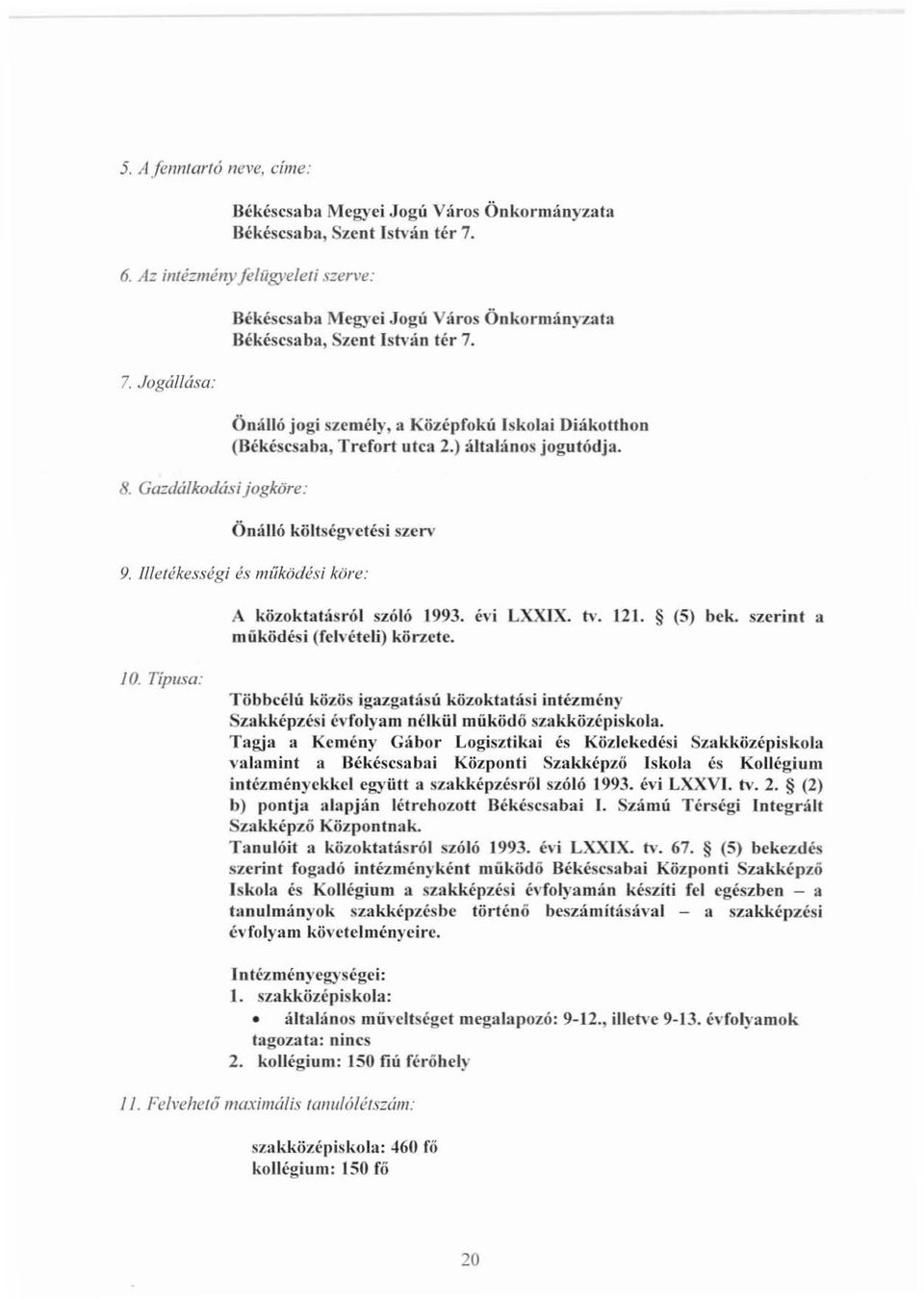 Önálló költségvetési szerv 9.!/lelékességi és miíködési köre: A közoktatásról szóló 1993. évi LXXIX. tv. 121. (5) bek. szerint a működési (feh'ételi) körlete. la.