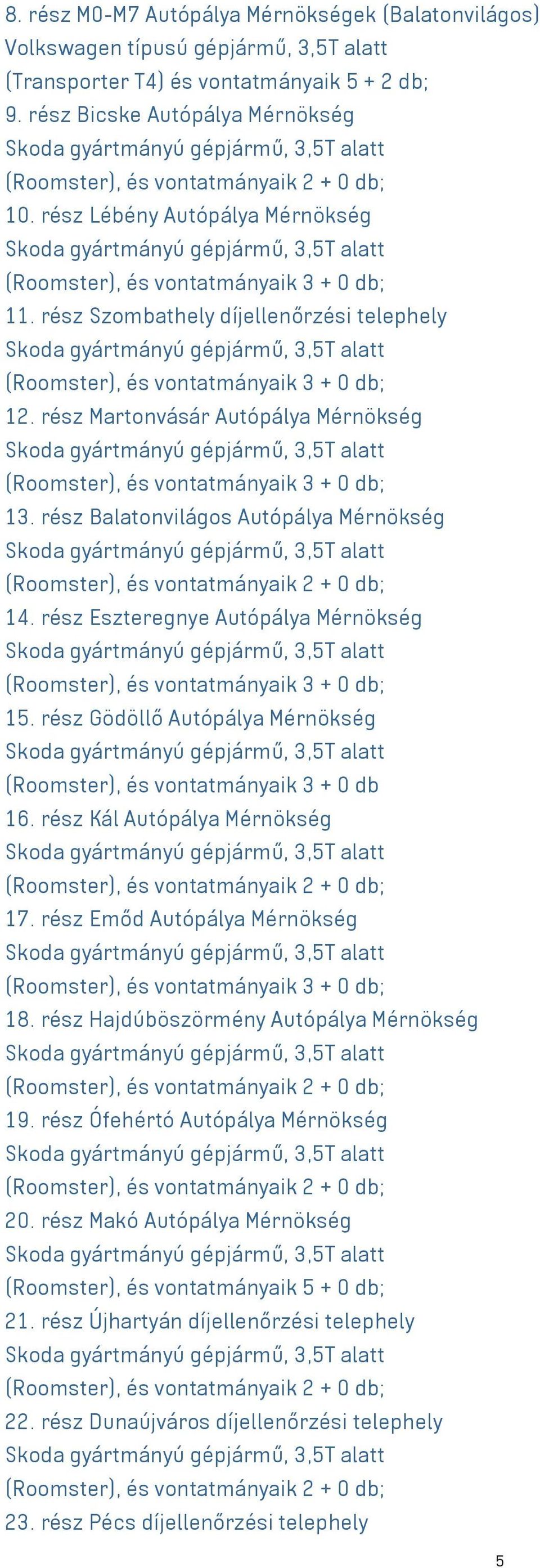 rész Lébény Autópálya Mérnökség Skoda gyártmányú gépjármű, 3,5T alatt (Roomster), és vontatmányaik 3 + 0 db; 11.