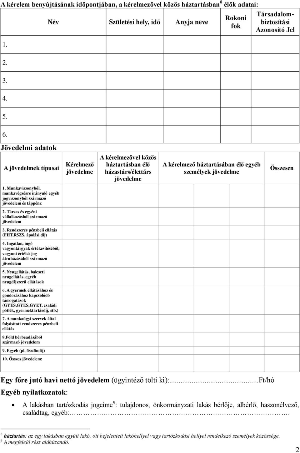 jövedelme A kérelmező háztartásában élő egyéb személyek jövedelme Összesen 1. Munkaviszonyból, munkavégzésre irányuló egyéb jogviszonyból származó jövedelem és táppénz 2.