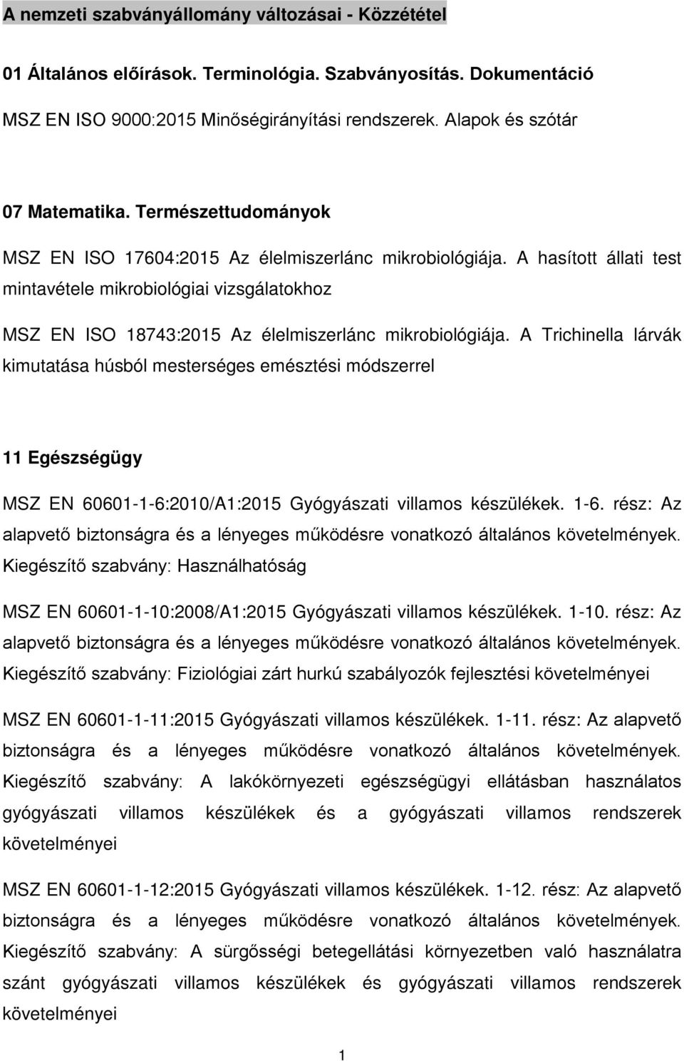 A Trichinella lárvák kimutatása húsból mesterséges emésztési módszerrel 11 Egészségügy MSZ EN 60601-1-6:2010/A1:2015 Gyógyászati villamos készülékek. 1-6.