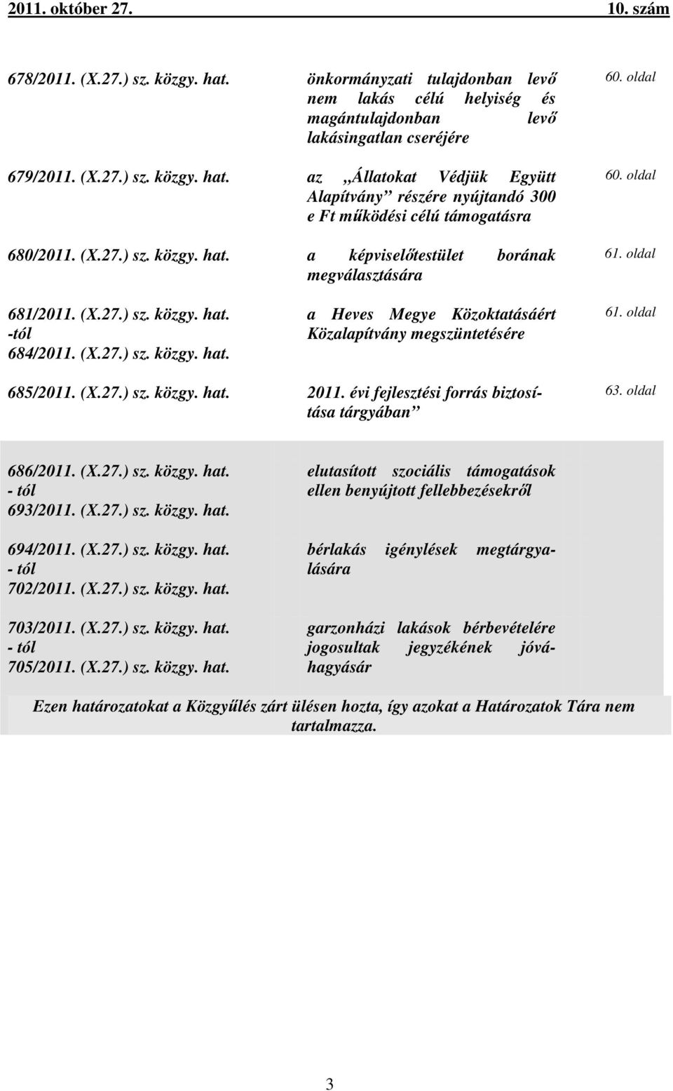 oldal 685/2011. (X.27.) sz. közgy. hat. 2011. évi fejlesztési forrás biztosítása tárgyában 63. oldal 686/2011. (X.27.) sz. közgy. hat. - tól 693/2011. (X.27.) sz. közgy. hat. 694/2011. (X.27.) sz. közgy. hat. - tól 702/2011.