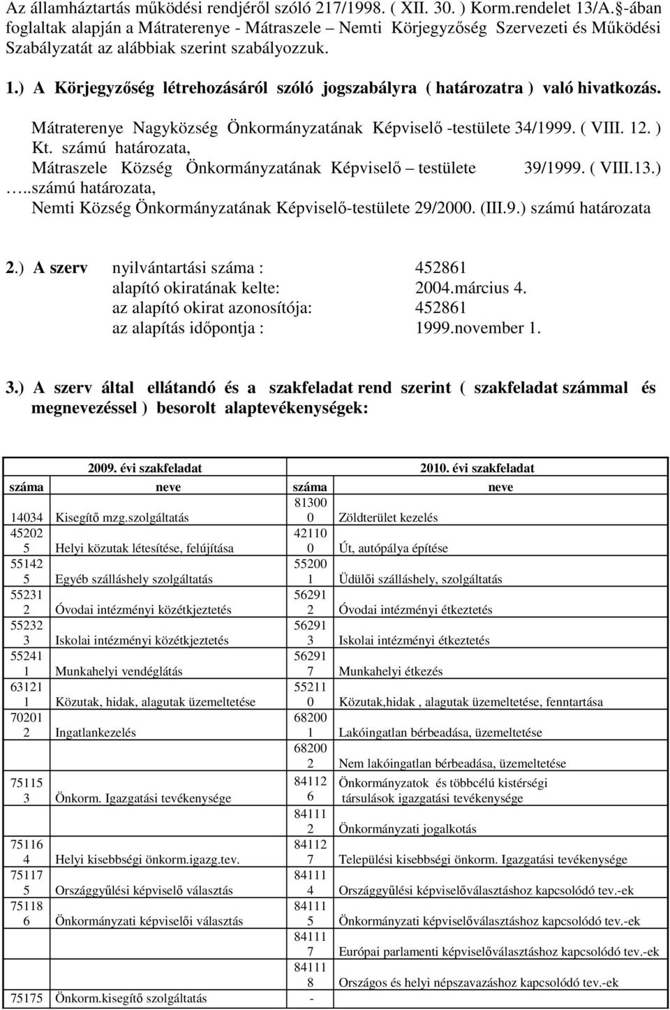 ) A Körjegyzıség létrehozásáról szóló jogszabályra ( határozatra ) való hivatkozás. Mátraterenye Nagyközség Önkormányzatának Képviselı -testülete 34/1999. ( VIII. 12. ) Kt.