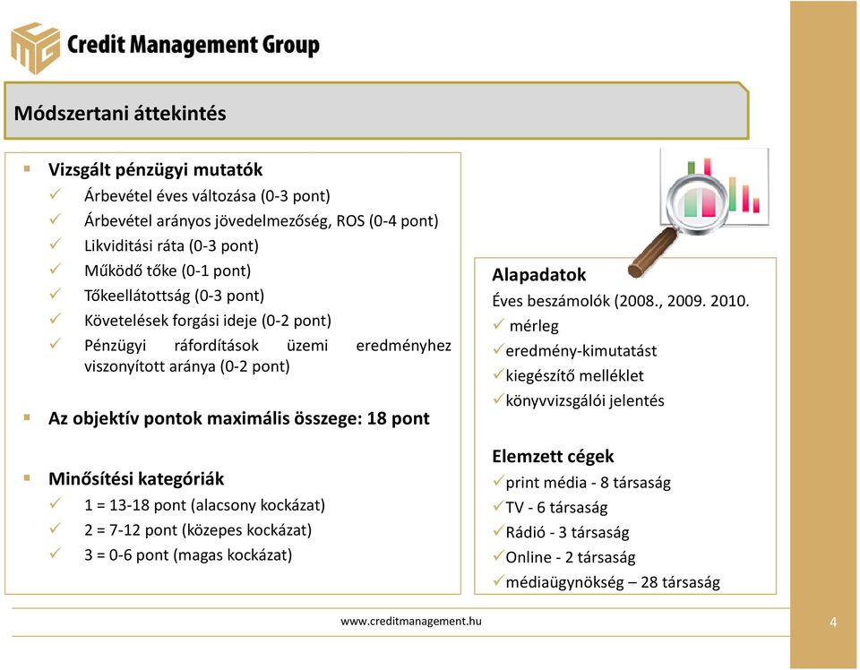 Minősítési kategóriák 1 = 13-18 pont (alacsony kockázat) 2 = 7-12 pont (közepes kockázat) 3 = 0-6 pont (magas kockázat) Alapadatok Éves beszámolók (2008., 2009. 2010.