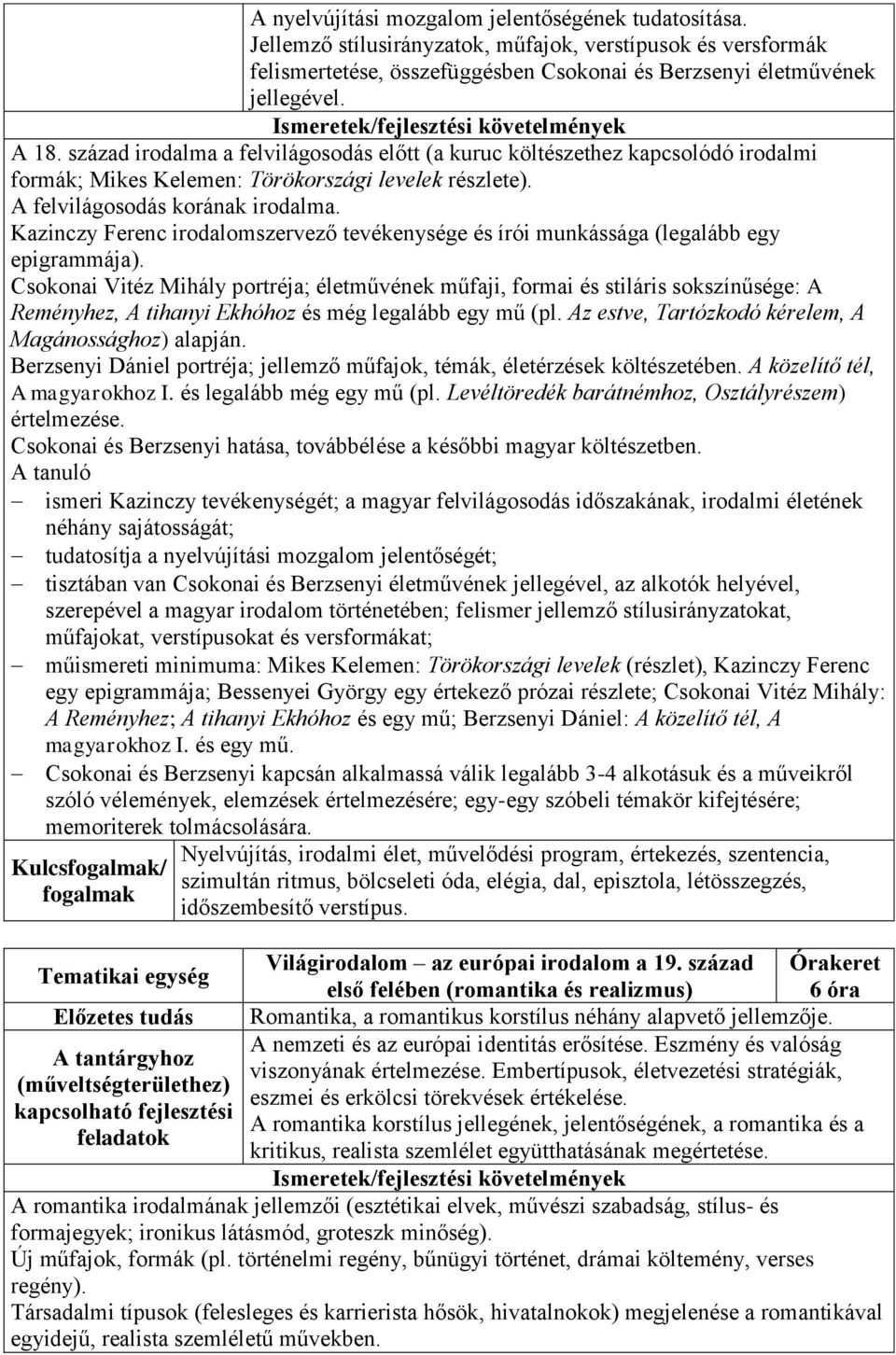 A felvilágosodás korának irodalma. Kazinczy Ferenc irodalomszervező tevékenysége és írói munkássága (legalább egy epigrammája).