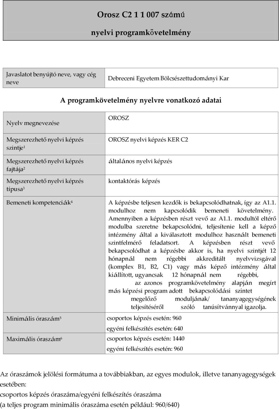 kompetenciák 4 Minimális óraszám 5 csoportos képzés esetén: 960 A képzésbe teljesen kezdők is bekapcsolódhatnak, így az A1.1. modulhoz nem kapcsolódik bemeneti követelmény.