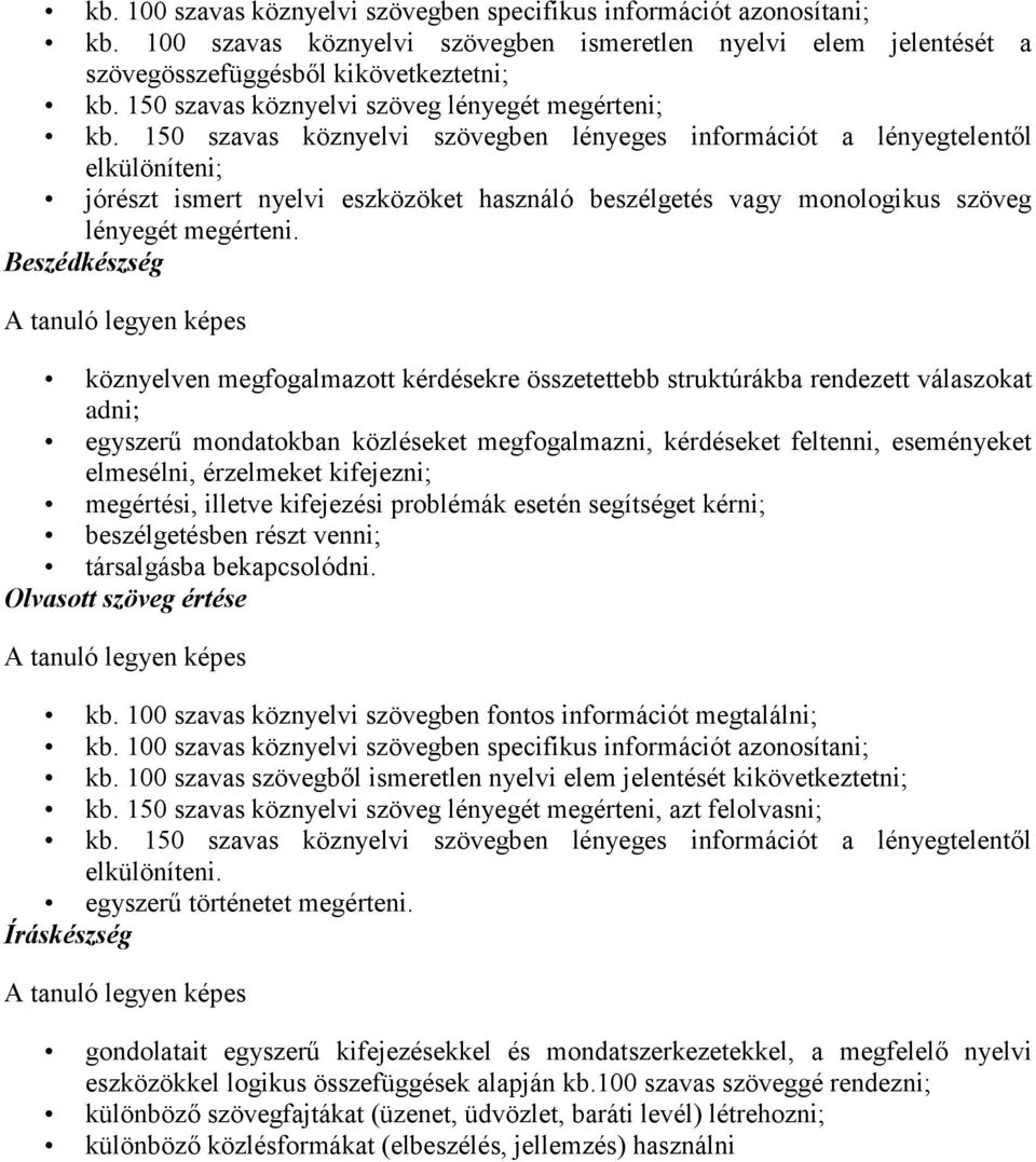 150 szavas köznyelvi szövegben lényeges információt a lényegtelentől elkülöníteni; jórészt ismert nyelvi eszközöket használó beszélgetés vagy monologikus szöveg lényegét megérteni.