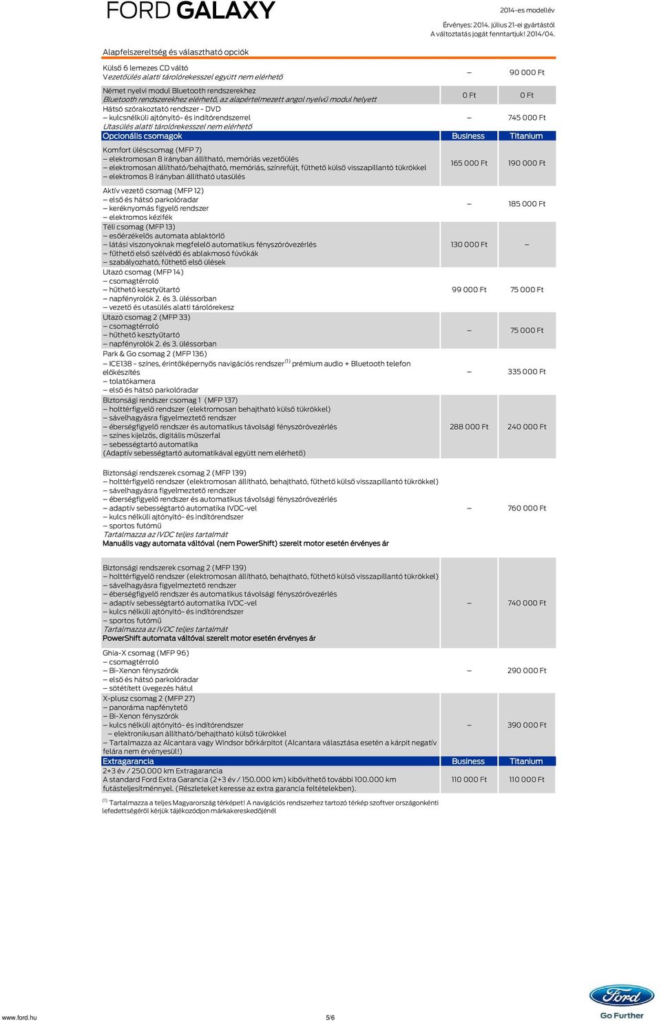 elérhető Opcionális csomagok Business Titanium Komfort üléscsomag (MFP 7) elektromosan 8 irányban állítható, memóriás vezetőülés elektromosan állítható/behajtható, memóriás, színrefújt, fűthető külső