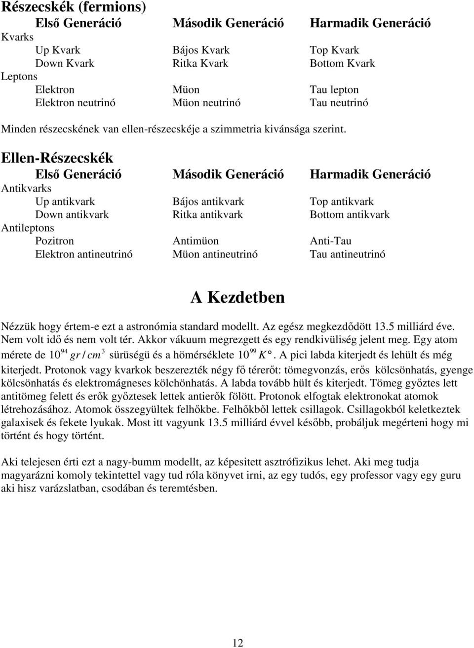 Ellen-Részecskék Elsı Generáció Második Generáció Harmadik Generáció Antikvarks Up antikvark Bájos antikvark Top antikvark Down antikvark Ritka antikvark Bottom antikvark Antileptons Pozitron