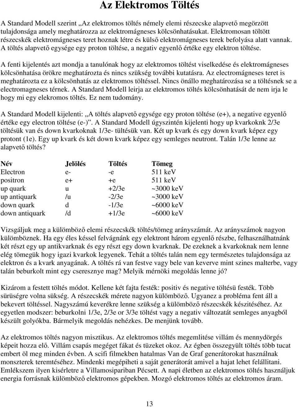 A töltés alapvetı egysége egy proton töltése, a negativ egyenlı értéke egy elektron töltése.