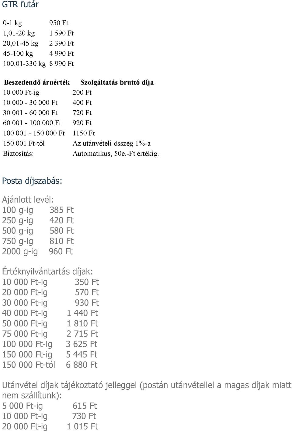 Posta díjszabás: Ajánlott levél: 100 g-ig 385 Ft 250 g-ig 420 Ft 500 g-ig 580 Ft 750 g-ig 810 Ft 2000 g-ig 960 Ft Értéknyilvántartás díjak: 10 000 Ft-ig 350 Ft 20 000 Ft-ig 570 Ft 30 000 Ft-ig 930 Ft