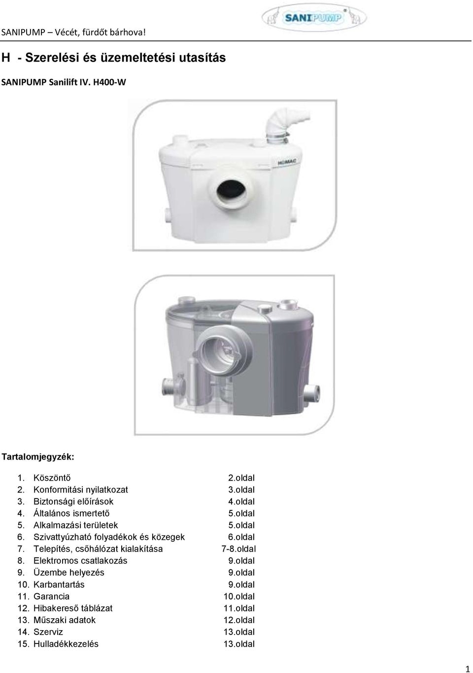 H - Szerelési és üzemeltetési utasítás - PDF Ingyenes letöltés