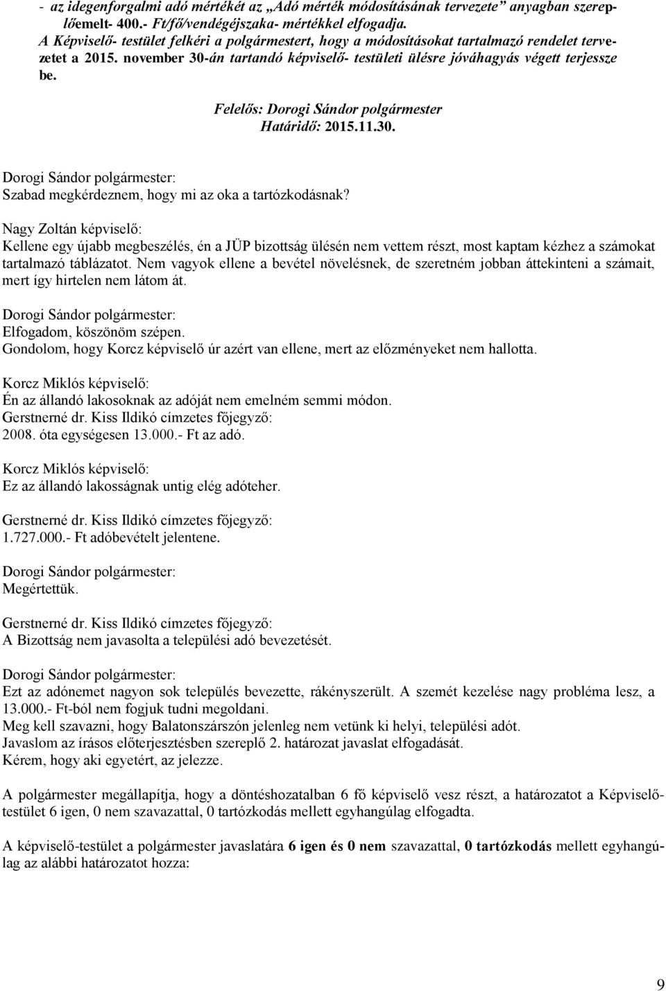 Felelős: Dorogi Sándor polgármester Határidő: 2015.11.30. Szabad megkérdeznem, hogy mi az oka a tartózkodásnak?