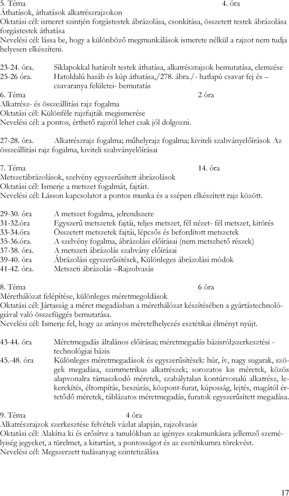 különböző megmunkálások ismerete nélkül a rajzot nem tudja helyesen elkészíteni. 23-24. óra. Síklapokkal határolt testek áthatása, alkatrészrajzok bemutatása, elemzése 25-26 óra.