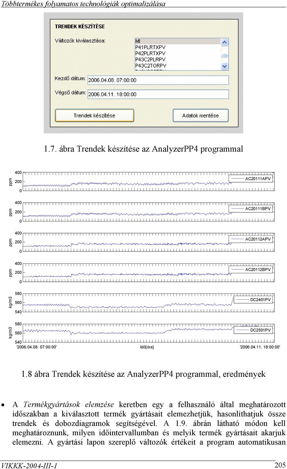 8 ábra Trendek készítése az AnalyzerPP4 programmal, eredmények A Termékgyártások elemzése keretben egy a felhasználó által meghatározott időszakban a kiválasztott termék gyártásait