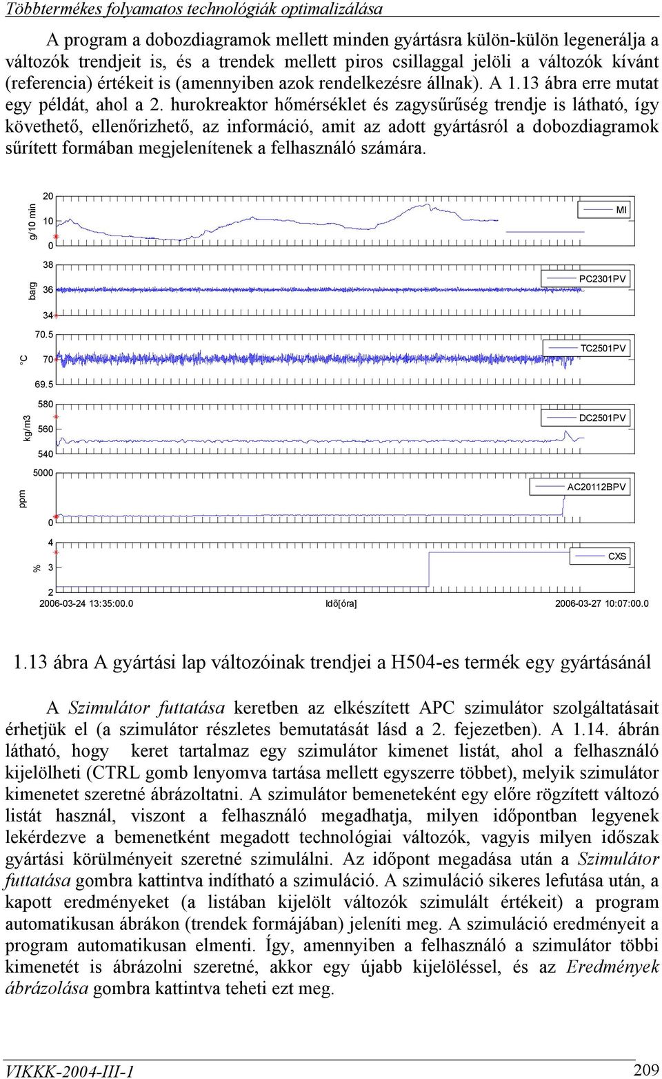 hurokreaktor hőmérséklet és zagysűrűség trendje is látható, így követhető, ellenőrizhető, az információ, amit az adott gyártásról a dobozdiagramok sűrített formában megjelenítenek a felhasználó