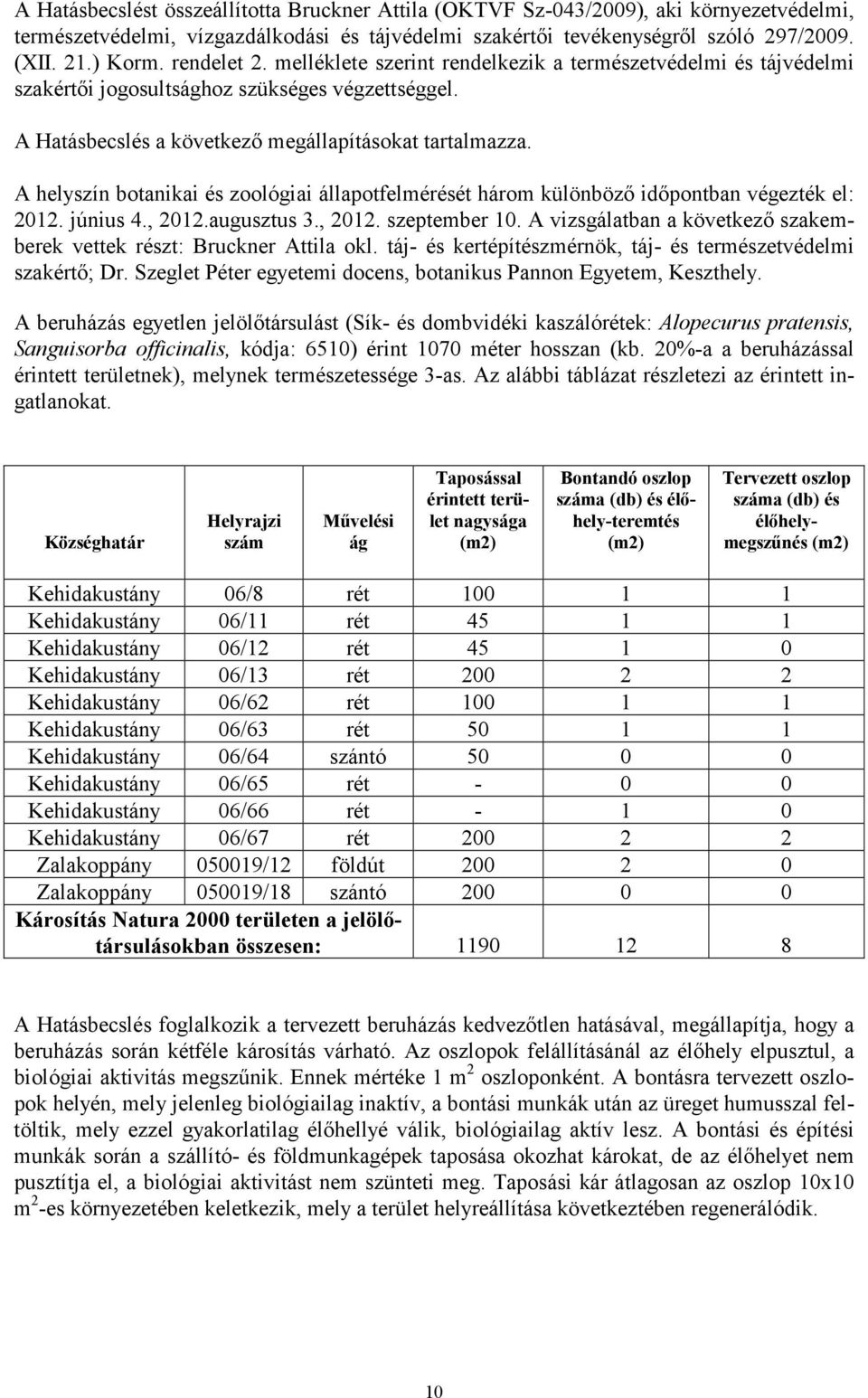 A helyszín botanikai és zoológiai állapotfelmérését három különböző időpontban végezték el: 2012. június 4., 2012.augusztus 3., 2012. szeptember 10.