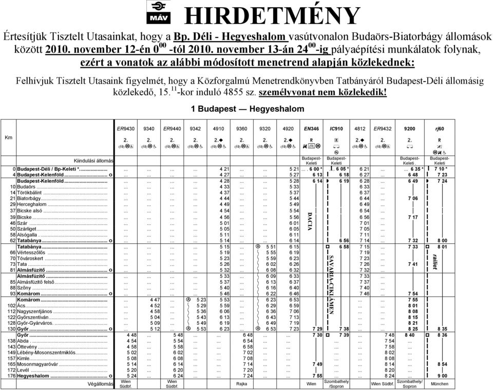 Menetrendkönyvben Tatbányáról Déli állomásig közlekedő, 15. 11 -kor induló 4855 sz. személyvonat nem közlekedik!