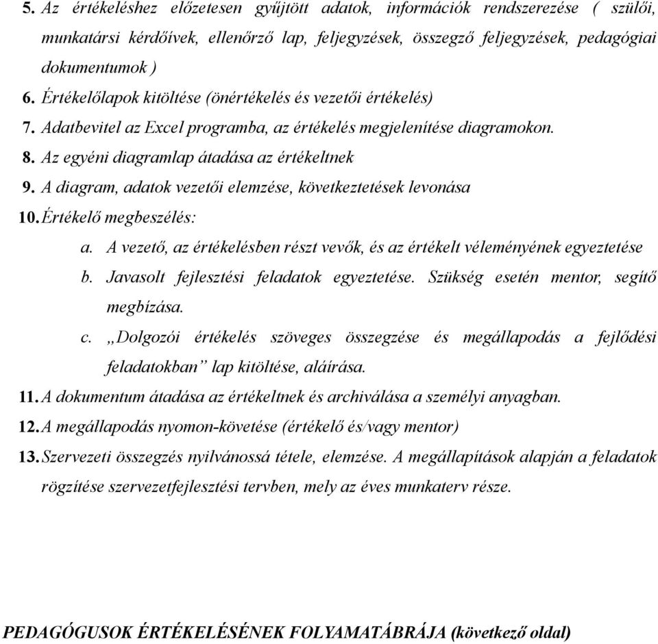 A diagram, adatok vezetői elemzése, következtetések levonása 10. Értékelő megbeszélés: a. A vezető, az értékelésben részt vevők, és az értékelt véleményének egyeztetése b.