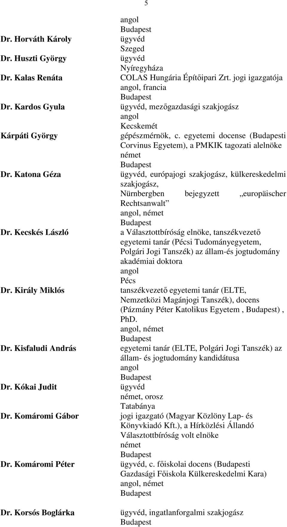 egyetemi docense (i Corvinus Egyetem), a PMKIK tagozati alelnöke, európajogi szakjogász, külkereskedelmi szakjogász, Nürnbergben bejegyzett europäischer Rechtsanwalt, a Választottbíróság elnöke,