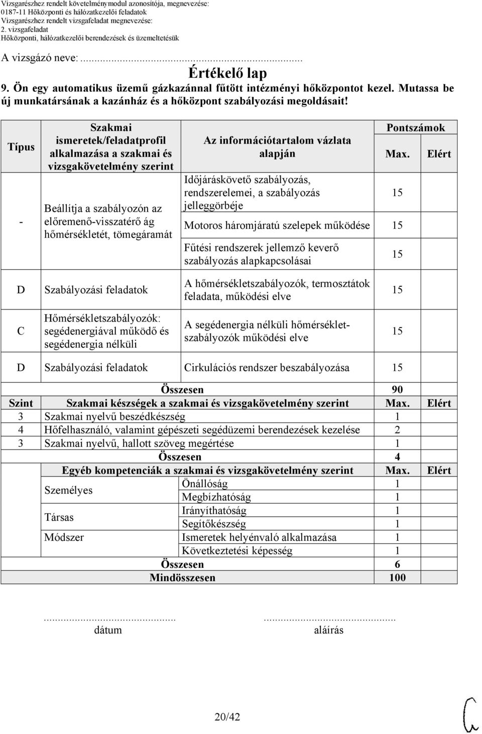 alapján Időjáráskövető szabályozás, rendszerelemei, a szabályozás jelleggörbéje Pontszámok Max.