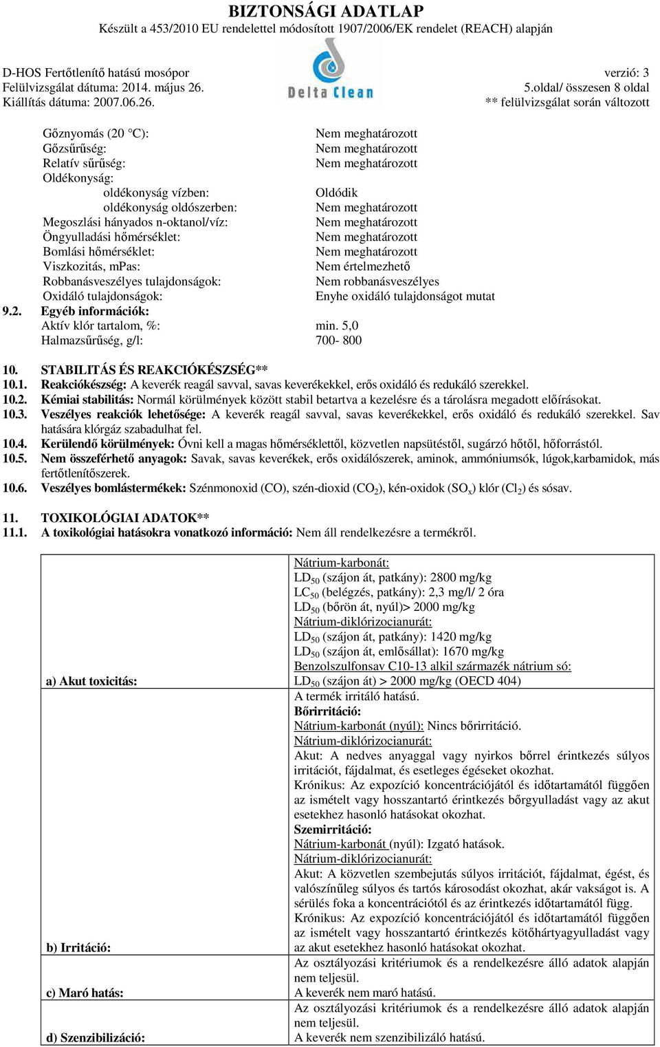 Egyéb információk: Aktív klór tartalom, %: min. 5,0 Halmazsűrűség, g/l: 700-800 10. STABILITÁS ÉS REAKCIÓKÉSZSÉG** 10.1. Reakciókészség: A keverék reagál savval, savas keverékekkel, erős oxidáló és redukáló szerekkel.