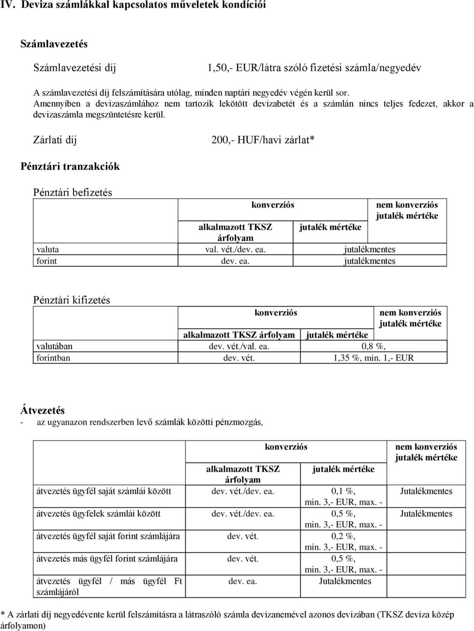 Zárlati díj 200,- HUF/havi zárlat* Pénztári tranzakciók Pénztári befizetés nem alkalmazott TKSZ valuta val. vét.