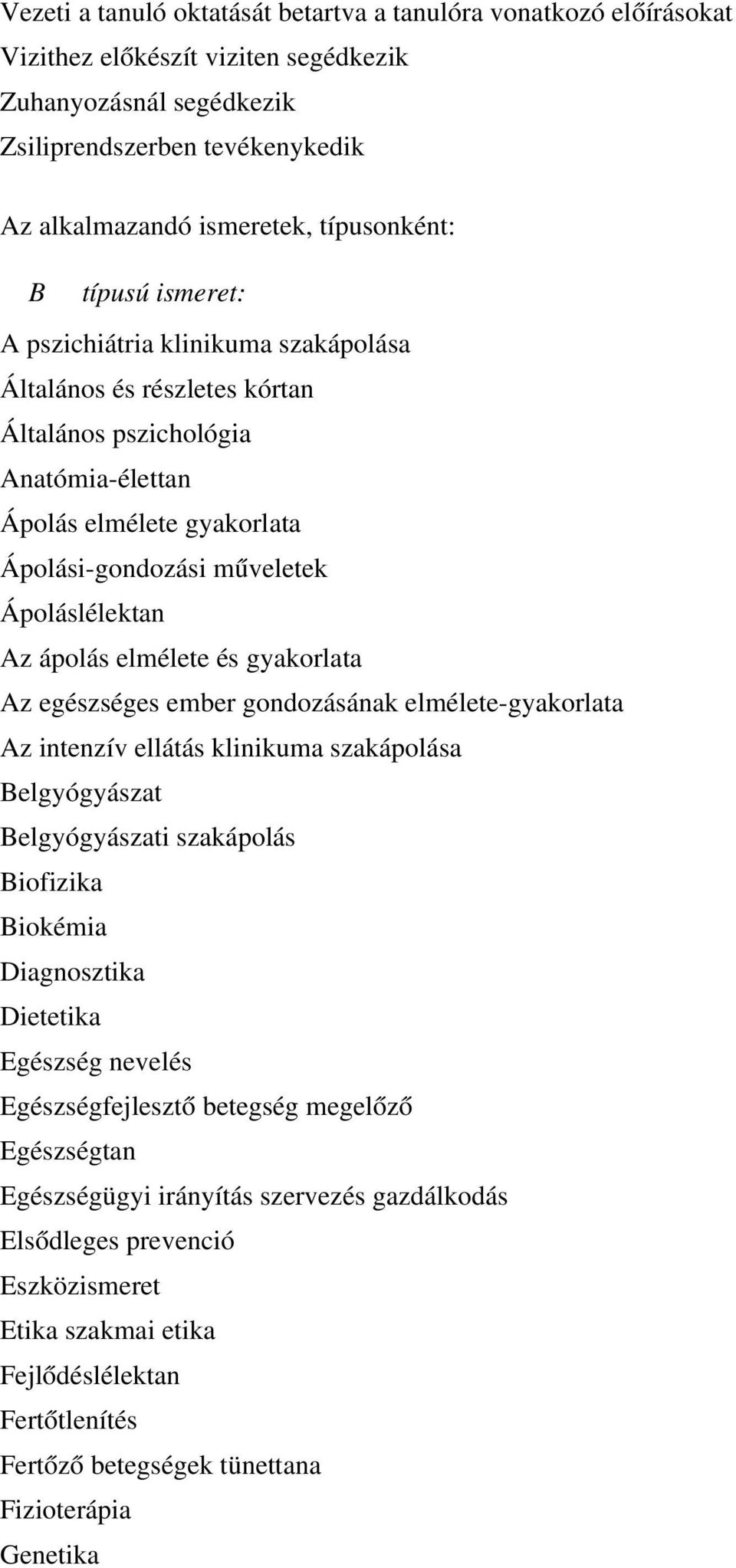 Ápoláslélektan Az ápolás elmélete és gyakorlata Az egészséges ember gondozásának elmélete-gyakorlata Az intenzív ellátás klinikuma szakápolása Belgyógyászat Belgyógyászati szakápolás Biofizika