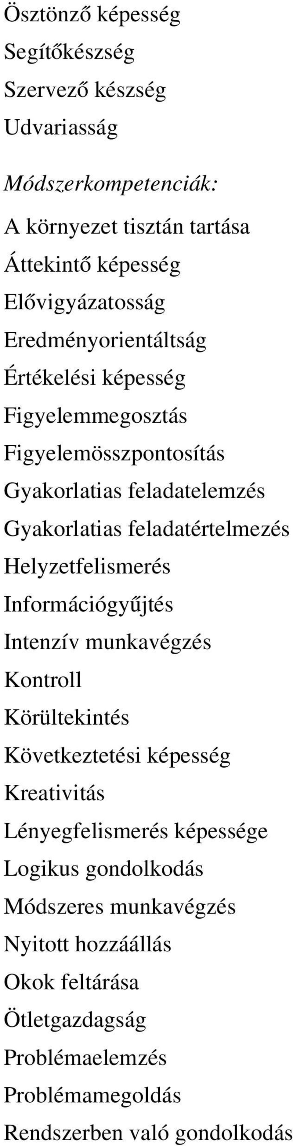 feladatértelmezés Helyzetfelismerés Információgyűjtés Intenzív munkavégzés Kontroll Körültekintés Következtetési képesség Kreativitás