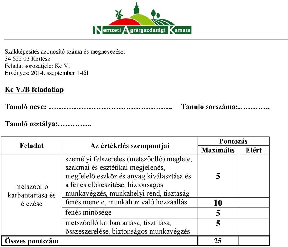 esztétikai megjelenés, megfelelő eszköz és anyag kiválasztása és a fenés előkészítése, biztonságos munkavégzés, munkahelyi rend,