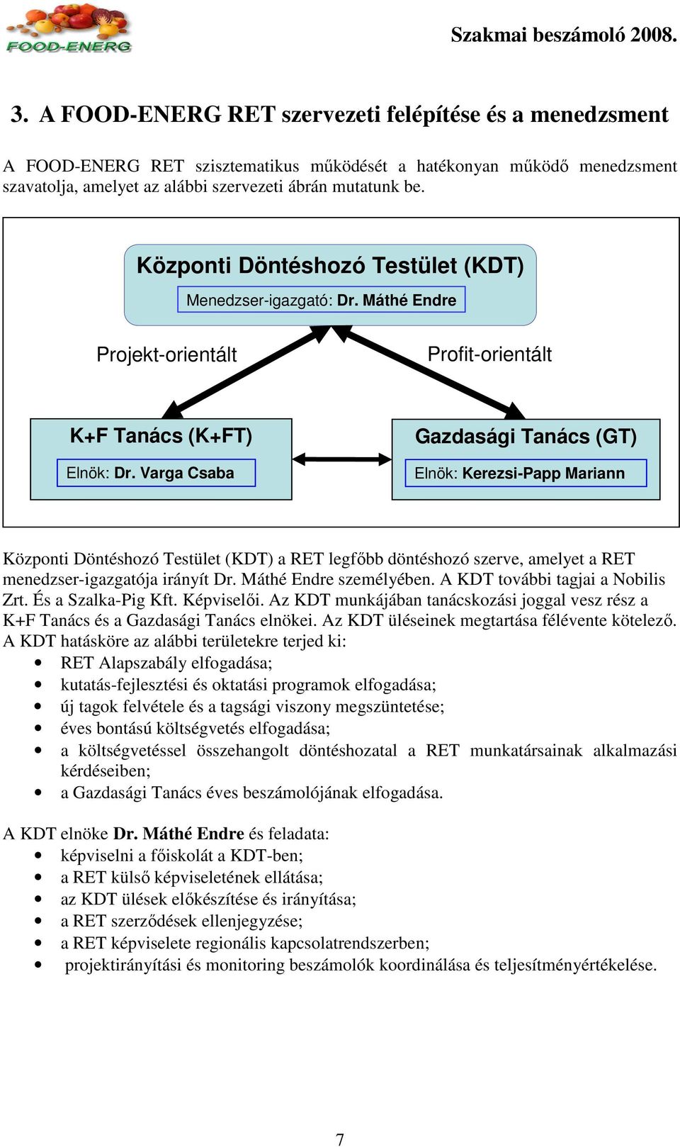 Varga Csaba Zoltán Gazdasági Tanács (GT) Elnök: Kerezsi-Papp Mariann Központi Döntéshozó Testület (KDT) a RET legfıbb döntéshozó szerve, amelyet a RET menedzser-igazgatója irányít Dr.
