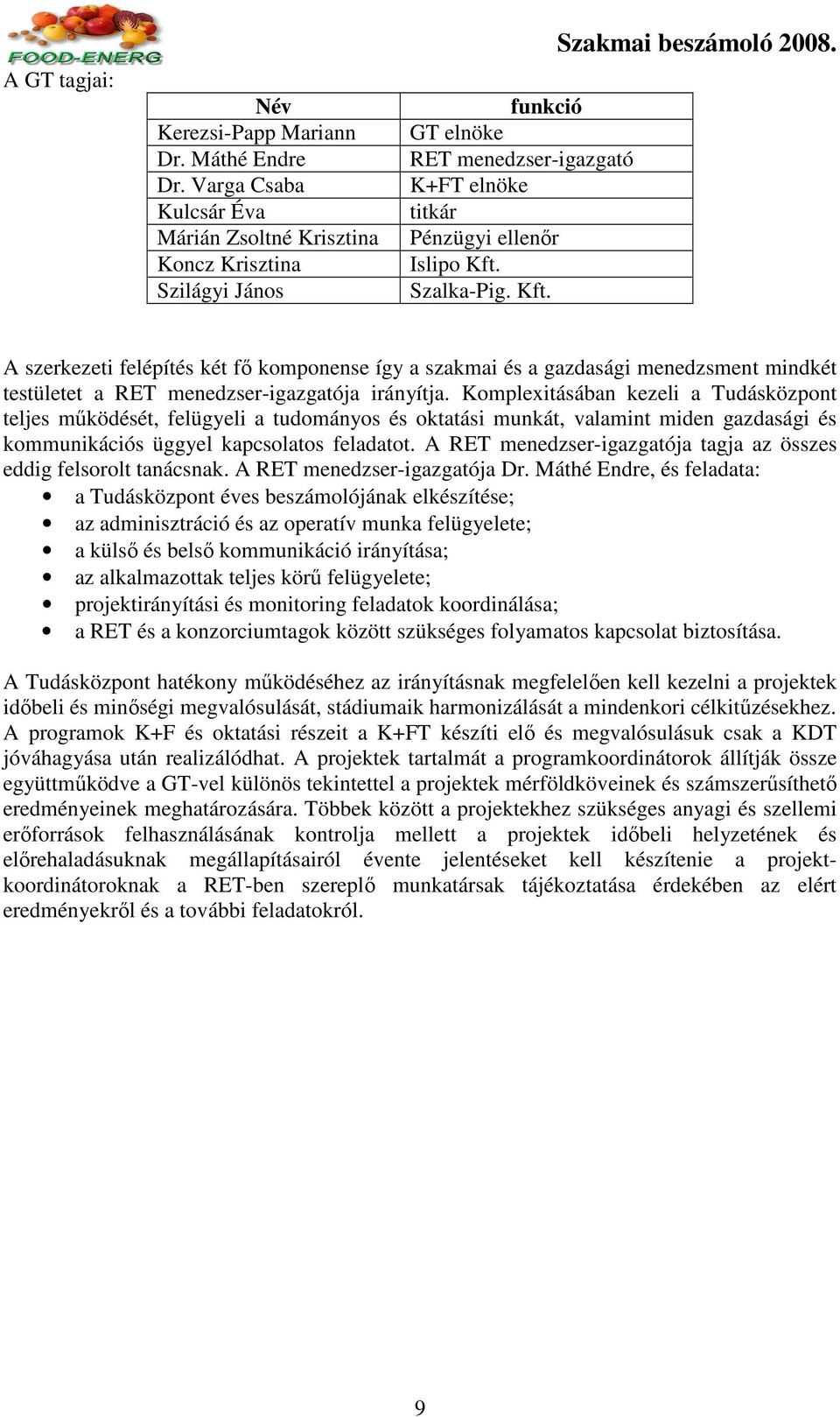 A szerkezeti felépítés két fı komponense így a szakmai és a gazdasági menedzsment mindkét testületet a RET menedzser-igazgatója irányítja.