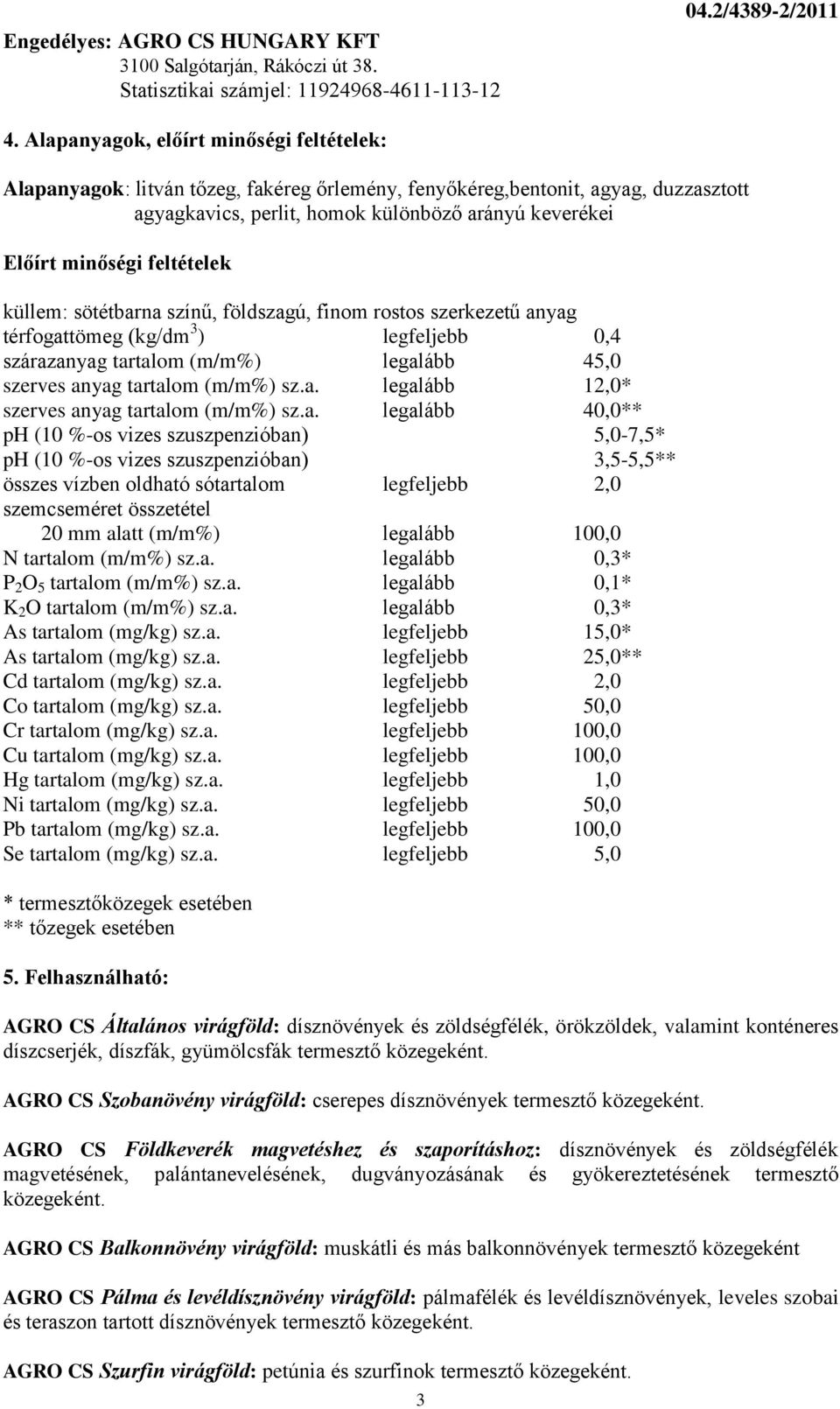 feltételek küllem: sötétbarna színű, földszagú, finom rostos szerkezetű anyag térfogattömeg (kg/dm 3 ) legfeljebb 0,4 szárazanyag tartalom (m/m%) legalább 45,0 szerves anyag tartalom (m/m%) sz.a. legalább 12,0* szerves anyag tartalom (m/m%) sz.