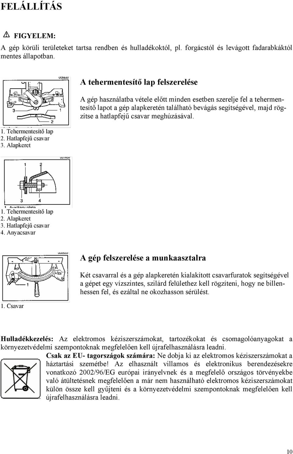 hatlapfejű csavar meghúzásával. 1. Tehermentesítő lap 2. Alapkeret 3. Hatlapfejű csavar 4. Anyacsavar 1.